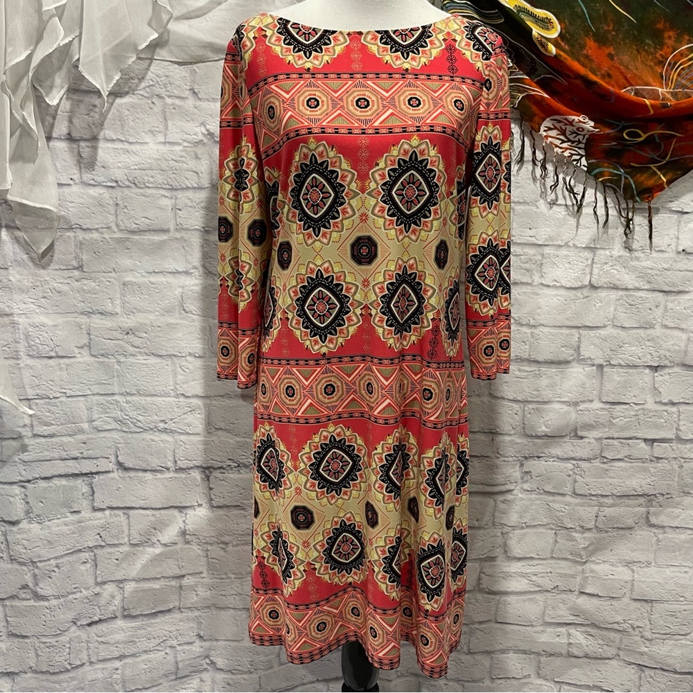 London Times Coral Printed 3/4 Sleeved Pullover Dress Size 14